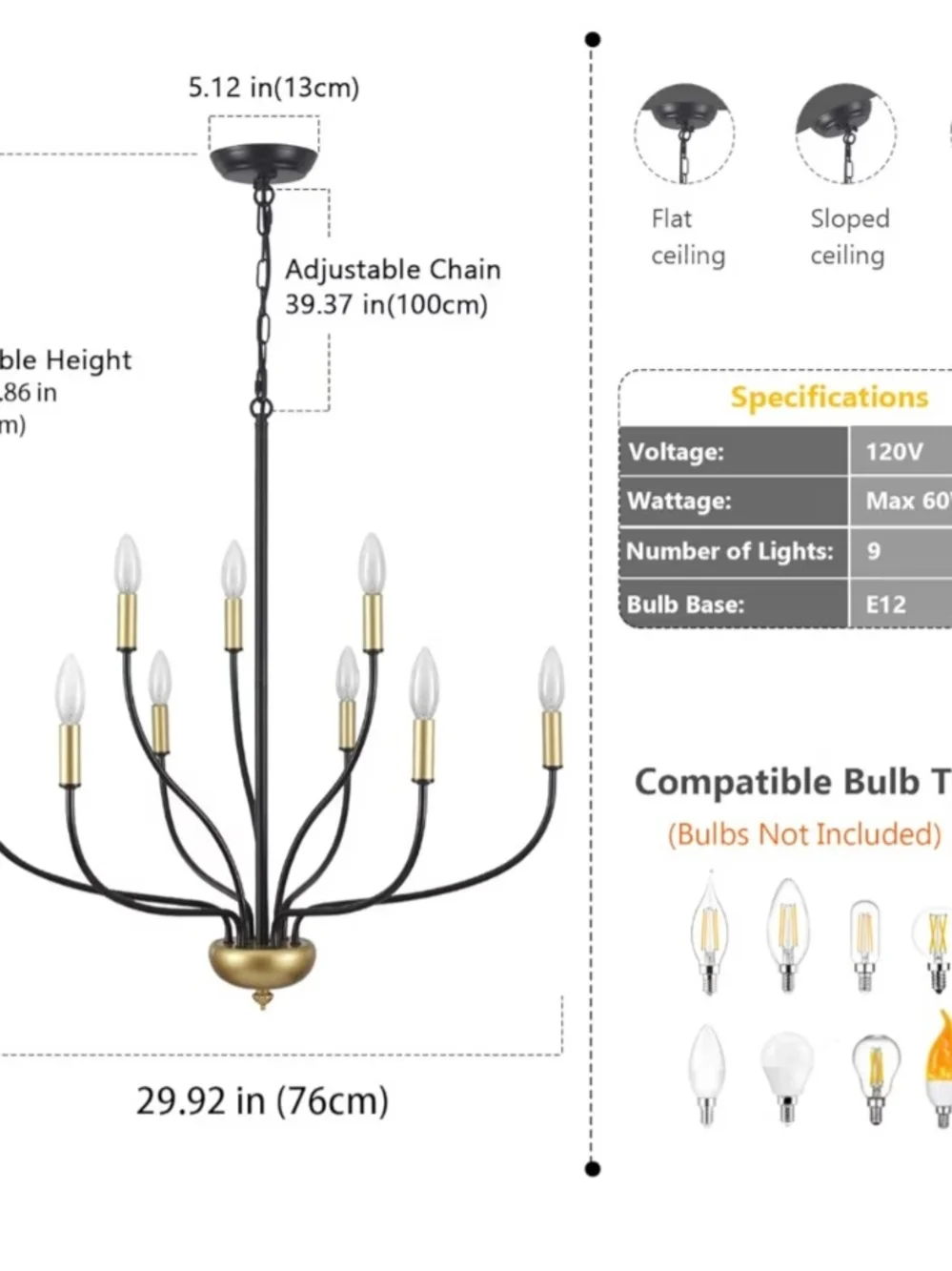 Modern Black and Gold 9-Light Chandelier - Home Accents